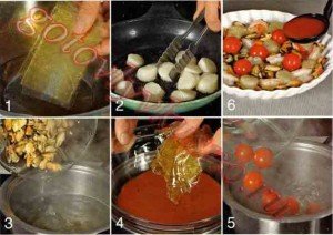 стадии приготовления томатного желе из морепродуктов